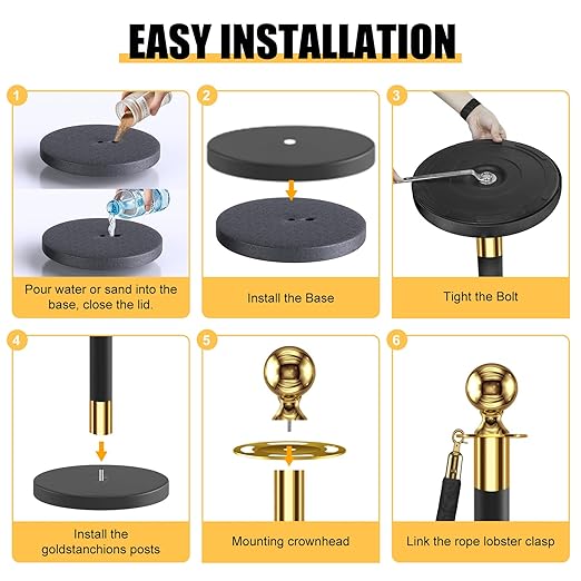 kaiyomi 8Pcs Stanchions with Black Velvet Ropes Set, 5 Feet Velvet Ropes and Posts Poles for Red Carpet Party Decoration and 360° Photo Booth (Golden & Black)