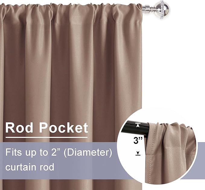 JIUZHEN Blackout Curtains for Bedroom - Thermal Insulated Room Darkening Rod Pocket Curtains for Living Room, Set of 2 Panels with Tiebacks, 42 x 63 Inch Length, Cappuccino
