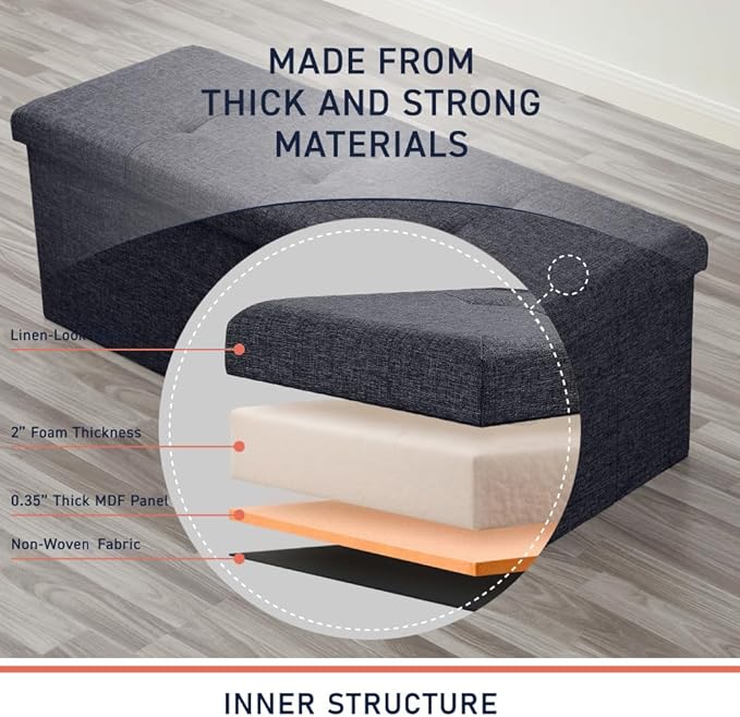 Ornavo Home 43 Inch Folding Storage Ottoman with Storage Bench, Long Large Storage Ottoman Bench, Storage Chest, Foot Rest Stool, Bedroom Bench with Storage - (Black)