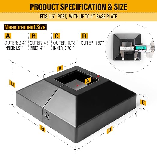 1.5"x1.5"（Actual: 1.5"x1.5"） Deck Post Base Cover Decorative Post Base Trim Skirt Black Aluminum 2Pack