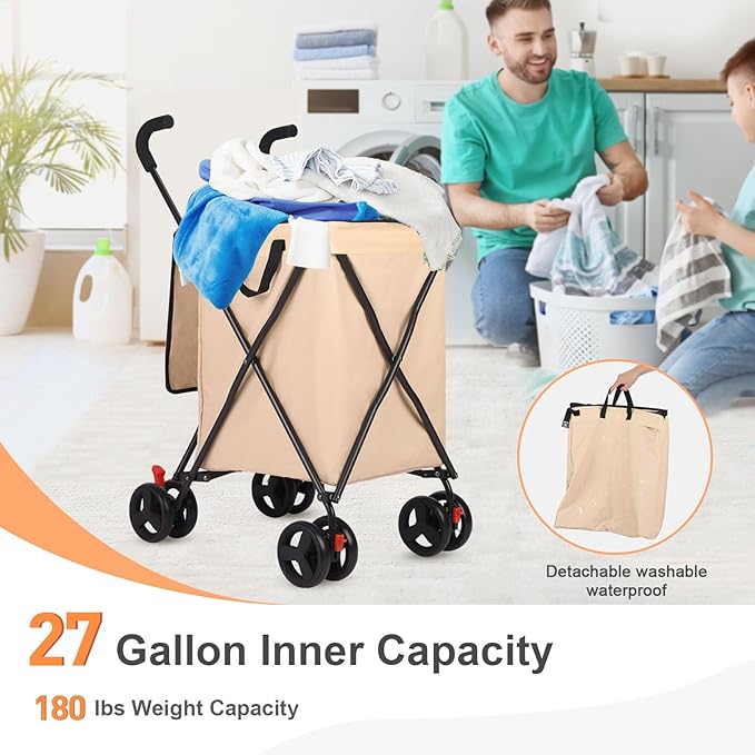 27 Gal/180 LBS Capacity Shopping Cart, Upgrade Huge Grocery Cart on Wheels,Heavy Duty Foldable Utility 360° Rolling Swivel Wheels for Shopping Picnic Groceries Laundry (Khaki)