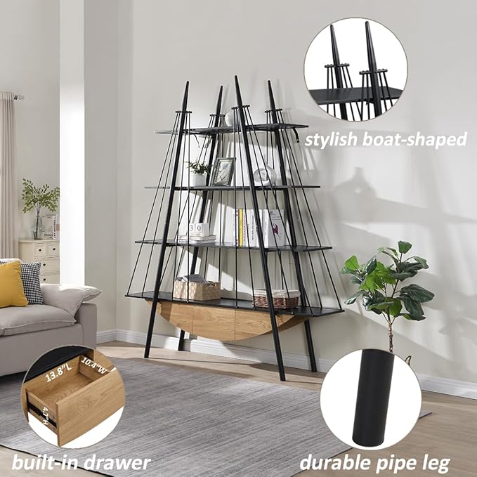 Boat-Shaped Bookshelf, 4 Tier Ladder Bookcase with Drawer 84.3" Tall Bookshelves for Storage Display Decor Easy Assembly Bookcase Furniture for Bedroom, Living Room and Home Office