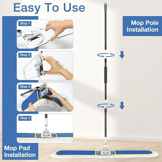 48" Commercial Industrial Dust Mop for Floor Cleaning, Large Floor Dust Broom with Washable Mops Pads, Wet Dry Duster Mops for Hardwood Floors,Marble, Laminate, Tile, Concrete, Garage,Blue