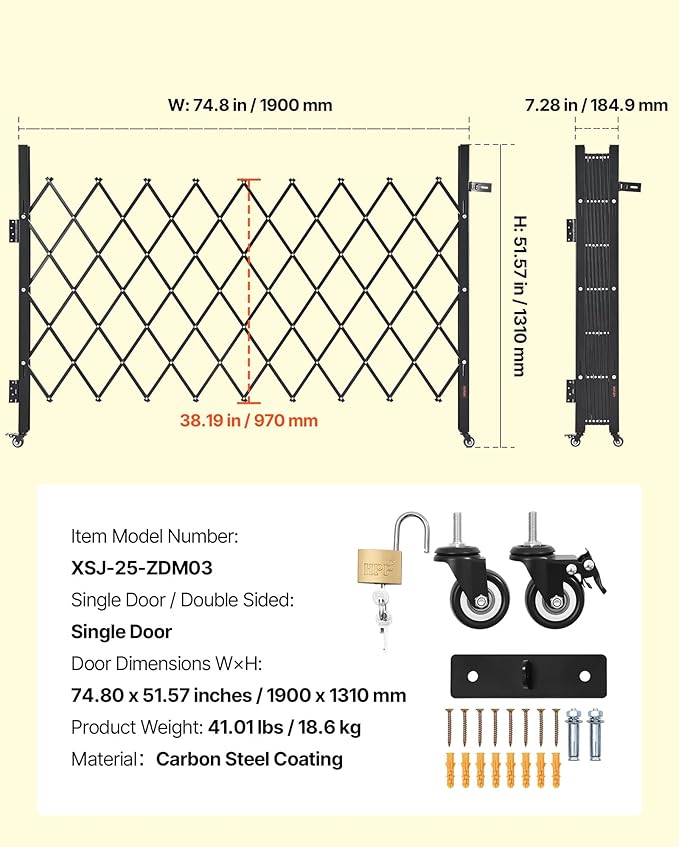 VEVOR Single Folding Security Gate, Lockable Scissor Gate with 360° Swivel Casters, Outdoor Barricade Steel Retractable Gates, for Entry Security, Garage, Warehouse & Pool, 74.80 x 51.57 in (W x H)