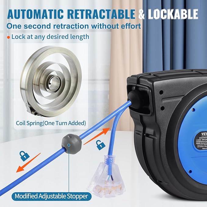 VEVOR 80FT Retractable Extension Cord Reel, 12AWG/3C SJTOW Heavy Duty Power Cord w/Lighted Electrical Triple Tap Outlets, 15A Circuit Breaker,180° Swivel Bracket for Workshop or Garage, Blue