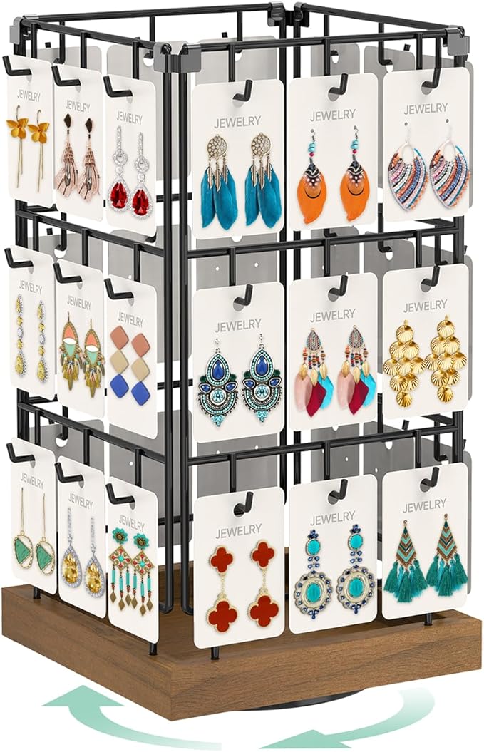 EsLuker.ly Rotating Earring Display Holder Stand for Vendors Events Selling, Large Capacity 36 Hooks Jewelry Rack with Wooden Base for Earring Card Sales, Enhances Retail Visibility(Brown)