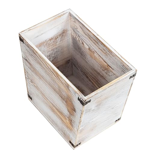 VERGOODR Grey Farmhouse Style Torched Wood Trash Can Waste Bin with Decorative Metal Brackets Trash Can for Bedroom,Living Room, Bathroom & Office (Washed White)