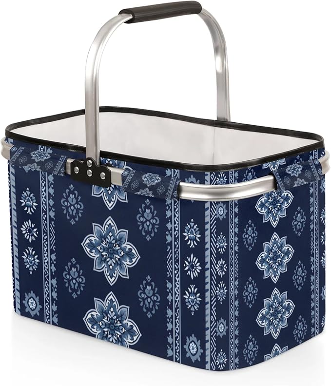 Collapsible Picnic Basket with Handle, Shopping Basket Aluminum Frame, Grocery Basket Tote for Women, Farmers Market Baskets, Harvest Baskets Travel Portable Beach Bag (Tribal-Floral Vintage Blue)