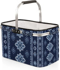 Collapsible Picnic Basket with Handle, Shopping Basket Aluminum Frame, Grocery Basket Tote for Women, Farmers Market Baskets, Harvest Baskets Travel Portable Beach Bag (Tribal-Floral Vintage Blue)