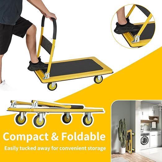 Foldable Push Cart Dolly, Heavy Duty Flat Bed Cart with Wheels & Non-Slip Mat, 360° Mute Wheels for Easy Maneuver, 660lbs, Easy to Assemble – Ideal for Household Tasks, Grocery Delivery, Yellow