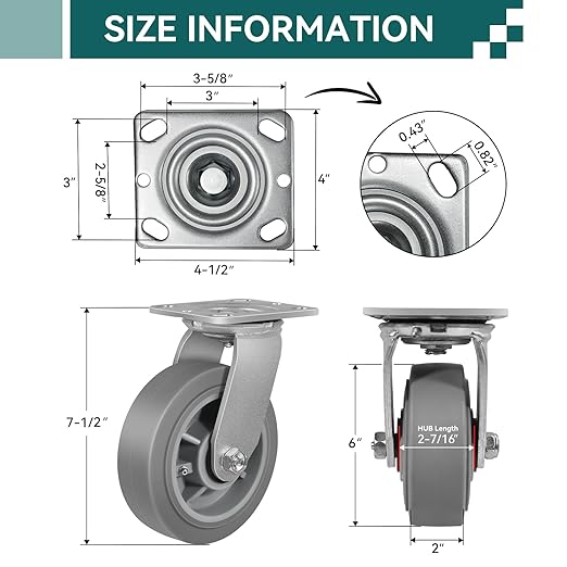6'' × 2'' Caster Wheels, Heavy Duty Industrial Casters Set of 4 Rubber Wheels, Load 3600lbs Capacity, Swivel Caster for Cart Dolly Toolbox (2 Swivel & 2 Rigid)