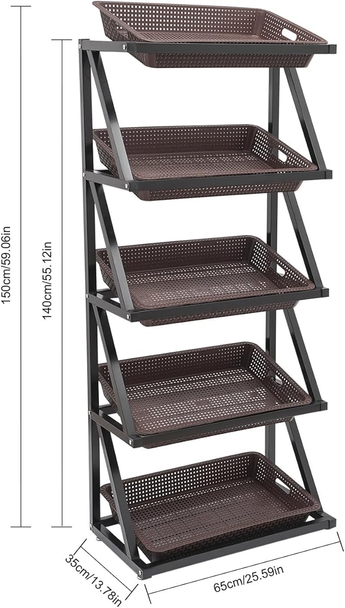 Fruit Vegetable Storage Basket,Kitchen Organizers 5 Tier Basket Stand Storage Baskets Market Shelf for Kitchen Store (Brown)