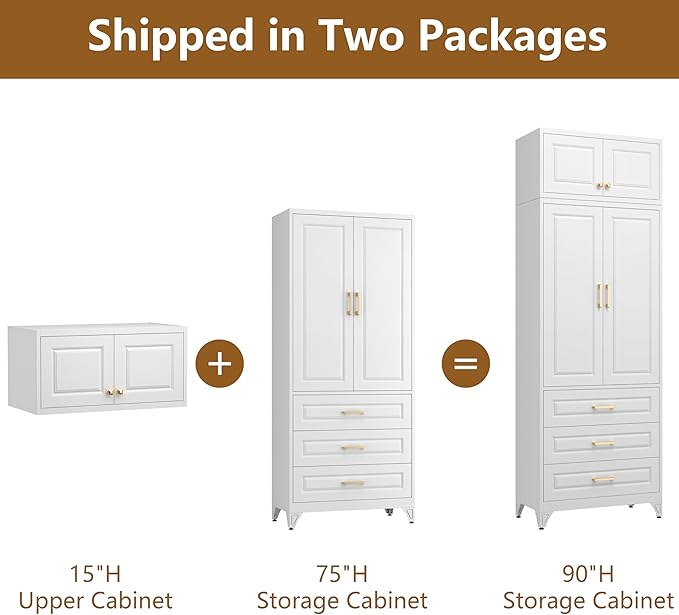 Kitchen Pantry Cabinet, Tall Storage Cabinets with Three Drawers, 90" H Metal Cabinet with Shelves, Freestanding Cupboard for Dining, Living Room, White, 16" D x 32" W x 90" H,Assembly Required