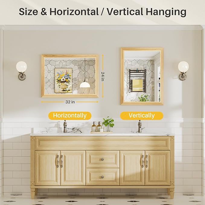 24x32 Inch Bathroom Mirror for Wall, Anti-Rust Oak Wood Grain Metal Framed Bathroom Mirrors for Over Sink,Rectangler Mirrors for Bathroom Vanity, Farmhouse, Bedroom, Living Room, Entryway Decor