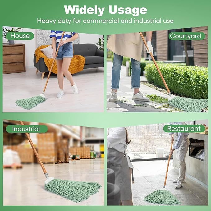 Matthew Cleaning Screw-on Heavy Duty Cotton Wet Mop Replacement Heads(Green, Large,3Pack) with 2 Pack Microfiber Cloth for Residential & Commercial Floor Cleaning Use- Fit Standard American Screw
