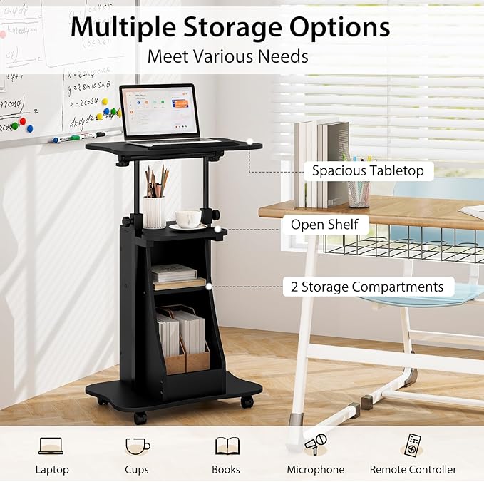 Tangkula Mobile Lectern Podium, Height Adjustable Podium Stand, Standing Sit-to-Stand Desk, Rolling Cart Laptop Desk with Swivel Top Movable Wheels & Storage