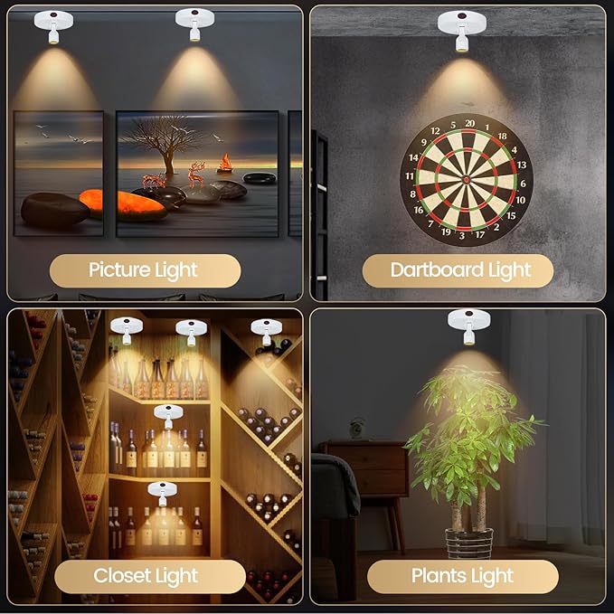 LED Spotlight, Rechargeable Battery Picture Lights, Uplighting Indoor, Spot Light with Remote, Plant Tree & Wall Art Display Dartboard Closet Spotlight-White