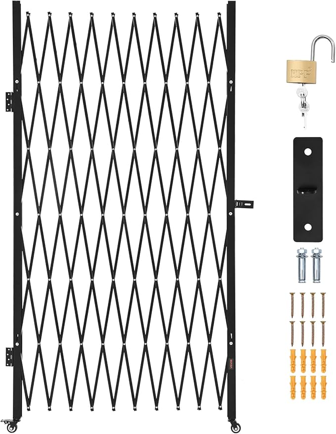 VEVOR Single Folding Security Gate, Lockable Scissor Gate with 360° Swivel Casters, Outdoor Barricade Steel Retractable Gates, for Entry Security, Garage, Warehouse & Pool, 94.49 x 86.81 in (W x H)