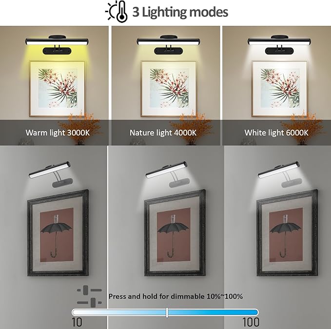 MIOBLUE Wireless Picture Light with Remote, Rechargeable Battery Art Display Light with Remote Control, Dimmable/Timer Off Painting Light, 3 Lighting Modes Full Metal Dartboard Lights (Silver-1Pack)