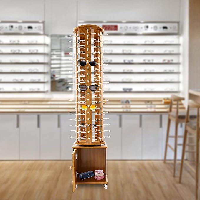 Sunglasses Display Stand, 90 Pairs Wooden 360° Rotating Sunglass Eyeglass Holder Organizer, Glasses Hanger Storage Rack for Retail Commercial Display, L16.9*W14.2*H66.1in, Brown