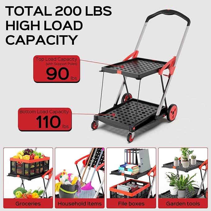 Collapsible Shopping Cart with Wheels, 200 lbs Capacity Grocery Cart on Wheels with Storage Crate, Platform Hand Truck with Foot Brake, Red