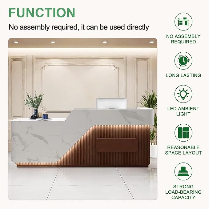 Modern Reception Desk with Counter Front Reception Table with Hidden LED Lighting Commercial Receptionist Desk White and Brown Checkout Counter Fully Assembled and Ready to Use 71inch/180cm