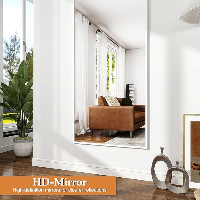 Floor Mirror Arched Full Length Mirrors, 64"x21" Floor Length & Standing Hanging or Leaning & Large Full Body Mirror Wall Mirror for Bedroom, Living Room, Aluminum Frame,White