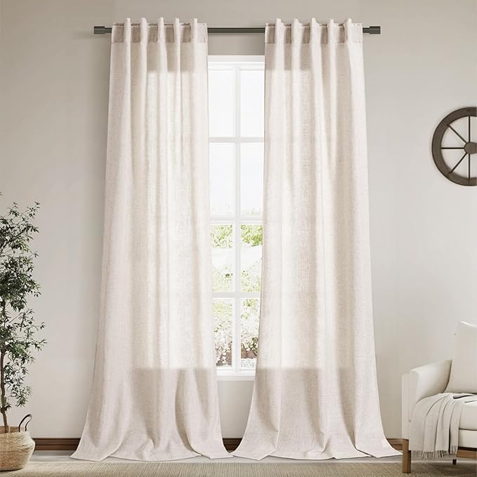 Beige Linen Curtains 96 Inches Long for Living Room 2 Panels Set Back Tab Pocket Canvas Semi Sheer Modern Farmhouse Curtains Belgian Flax Linen Bedroom Curtain Drapes Neutral Earth Tone 40x96