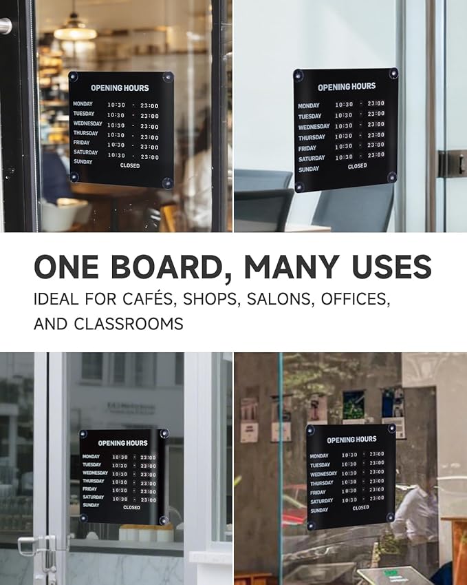 Metal Business Hours Sign with Suction Cups - Magnetic Open Closed Display Board for Storefront Window, Glass Door, Tile Wall & Counter - Changeable, Reusable & Rust-Resistant Steel Kit