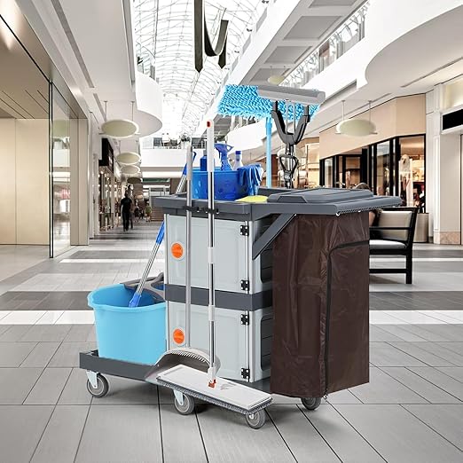 GarveeHome Commercial Janitorial Cart with 2 Cabinet, Traditional 3-Shelf Cleaning Cart On Wheels with Cover and Vinyl Bag, for Housekeeping Hotels Apartment