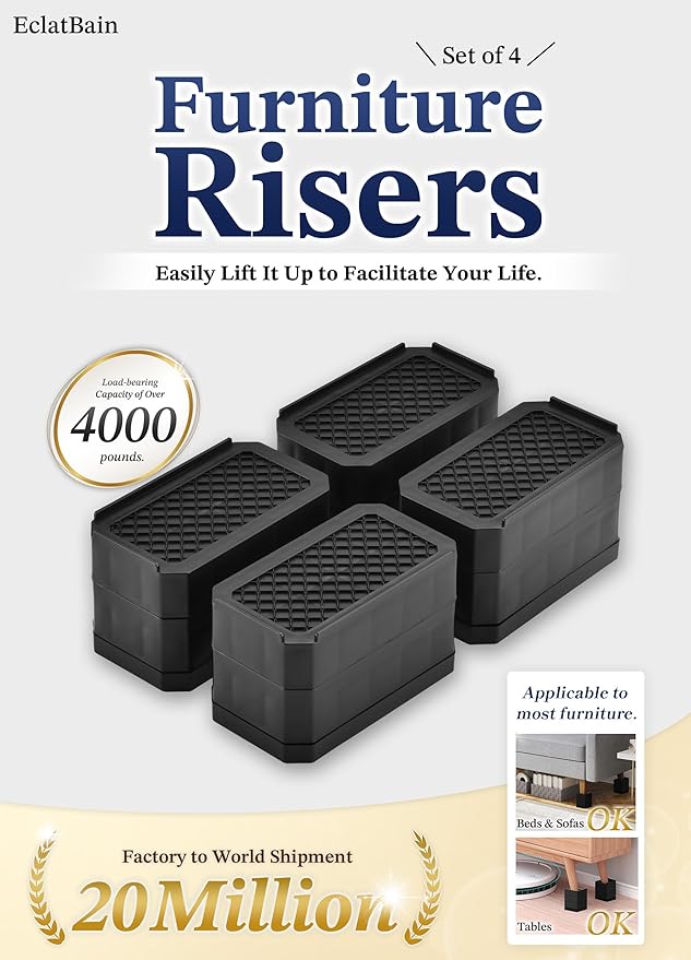 Rectangle Bed Risers Furniture Risers Heavy-Duty Rectangular Adjustable Block Lift to 3 inches and 4.3 inches Desk, Sofa, Chair Legs, Support up to 4000 pounds BK-2