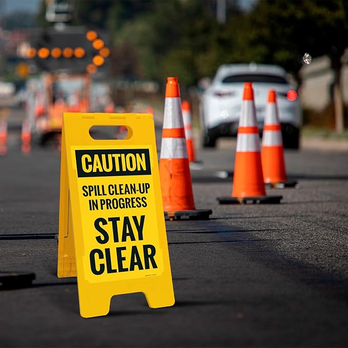 Caution Spill Cleanup in Progress Stay Clear Sidewalk Sign Kit, 10x16 Inches, with A Frame Stand, Made in USA