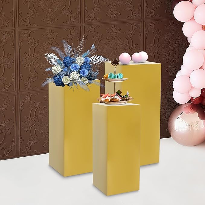 Cake Pedestal Stands for Party 3PCS Dessert Table Display Plinth Pillars Gold Square Pedestal Stands for Wedding Sculpture Display Column Decoration Cube (3PCS-Square-Gold)