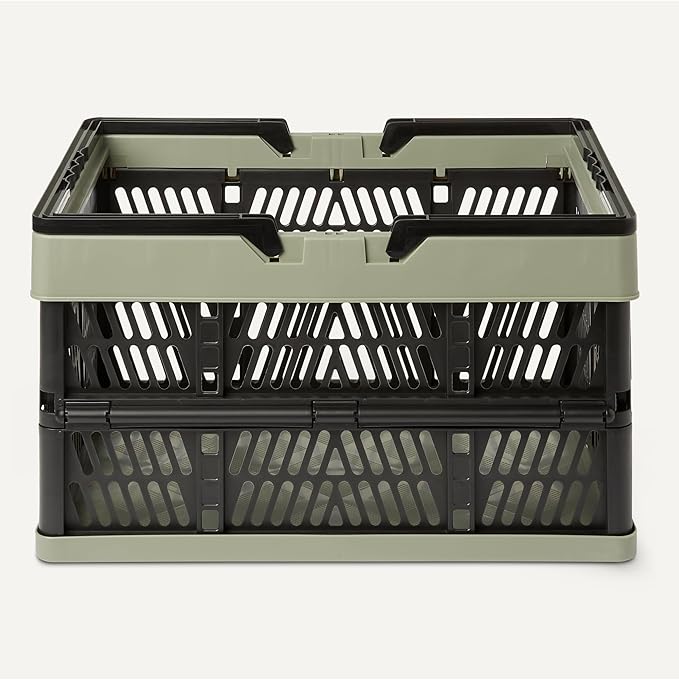 Amazon Basics Collapsible Plastic Grocery Shopping Baskets with Handles, 3 Pack, 6.6 gallon, Green