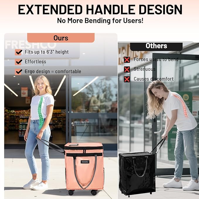 (Large) Fanwoli Reusable Grocery Bag on Wheels with Upgraded Wrinkle-Resistant Fabric | Enhanced Stability Wheels & Extended Handle | Foldable Shopping Trolley for Laundry, Carries Up to 130 L
