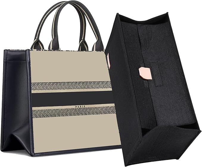 Doxo Purse Organizer Insert, Felt Bag Organizer Insert with Zipper, Perfect for Lv Onthego GM 40 & D Book Tote Large (Black-With Cover)