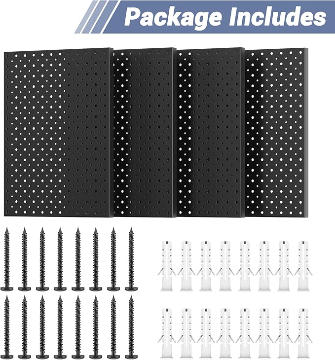 WALMANN 4-Pack 12"x16" Metal Pegboard Panels for Garage, Tool Organizer Pegboard for Pegboard Hooks - Compatible with 1/8" & 1/4" Hooks(Black)