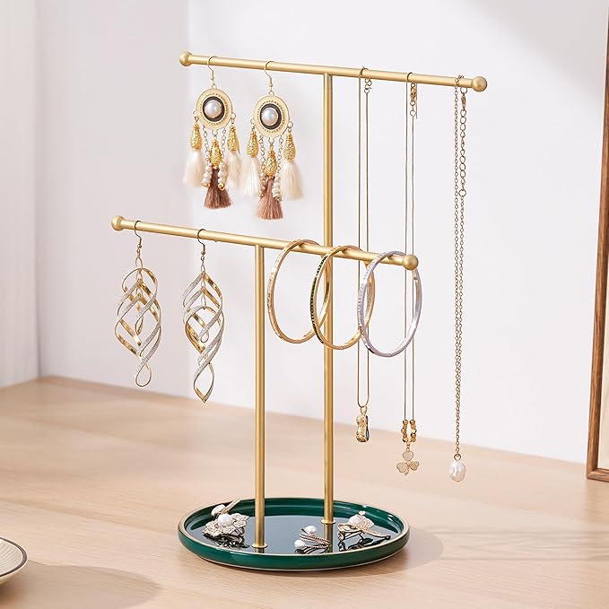 Gold Jewelry Holder Stand with Ceramic Tray: Small Hanging Necklace Organizer Tree for Earrings, Bracelets, Rings – Jewelry Display Hanger for Women & Girls, Green