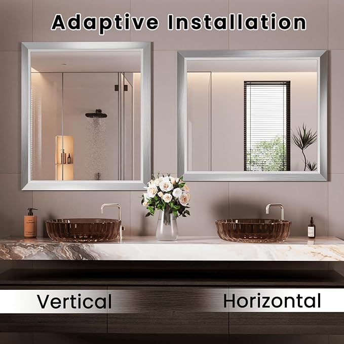 Amorho Bathroom Mirror, 44x36 Inch Silver Thick Metal Framed Wall Mirrors for Over Sink, Brushed Nickel Mirror Perfect for Bedroom, Living Room, Entryway, Rectangle (Horizontal/Vertical).
