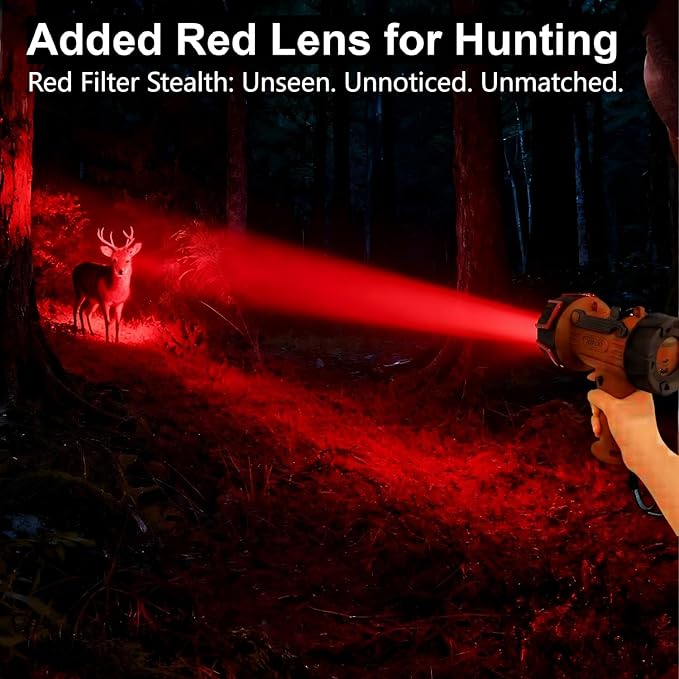 XINXI Rechargeable Spotlight 1,000,000 Lumens with COB Floodlight, IP67 Waterproof Spotlight Flashlight, Long Runtime Handheld Spot Light with Red Filter,Outdoor Spot Light for Hunting,Fishing(Brown)