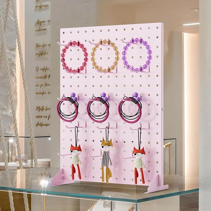 Peg Board Display Stand with 15 Hooks, Tabletop Metal Pegboard Shelf for Craft Shows & Fairs, Retail Stores, Vendors Arts and Crafts Finishing - 17x13Inch & Pink