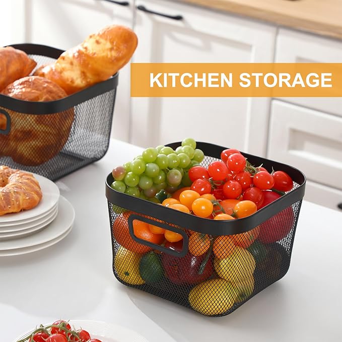 4 Pack Metal Mesh Basket with Hollow Handles Black Wire Storage Bin for Organizing Stackable Metal Fine Mesh Basket for Pantry Bathroom Kitchen Cabinets Shelves (Medium)