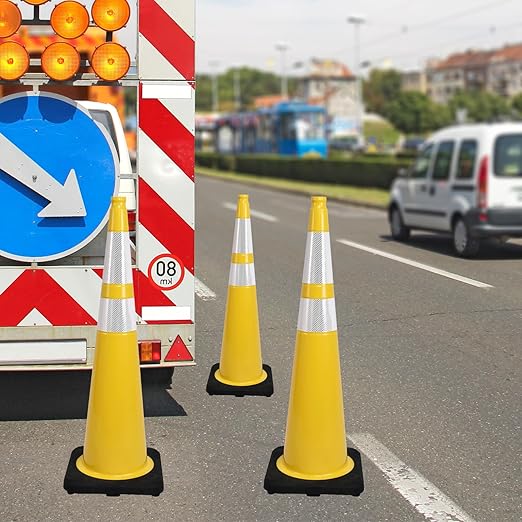 6 Pack 36 Inch Yellow Heavy Duty Traffic Cones Black Base Stable, Professional Use for Highway Safety, Parking Management, Work Zones (6, Yellow, 36 Inch)