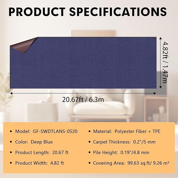 Marine Carpet,5 FT x 20 FT Deep Blue Indoor Outdoor Rug 0.2" Thick Boat Carpeting with Water-Proof TPE Backing, Non-Slip Outdoor Marine Carpet Roll for Home, Patio, Porch, Deck