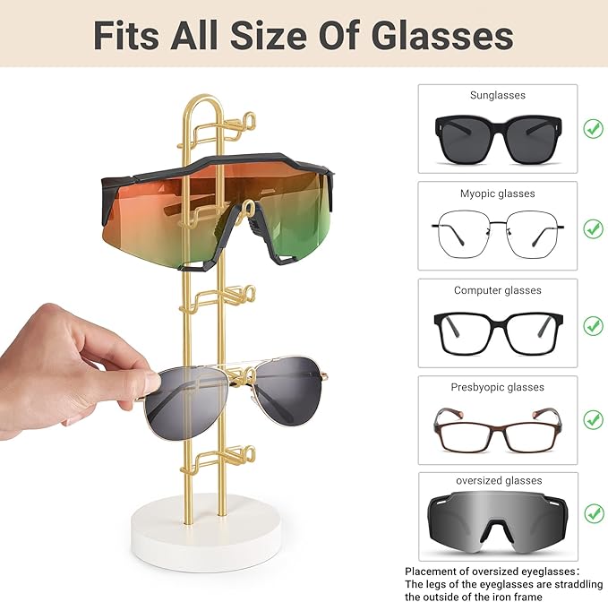 Mkono Sunglasses Organizer Glasses Holder Stand Sunglass Storage Eyeglasses Rack Metal Frame with Wood Base for 5 Pairs of Eyewear Display for Table Desk Countertop Dresser Bedroom, Set of 1, Gold