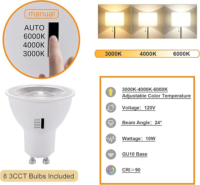 8PCS LED Track Lighting with Advanced Replaceable GU10 Bulbs, Switchable 3CCT(3000K/4000K/6000K) and Dimmable Brightness(20%-100%), Versatile Ceiling Spotlight Fixtures for Any Space