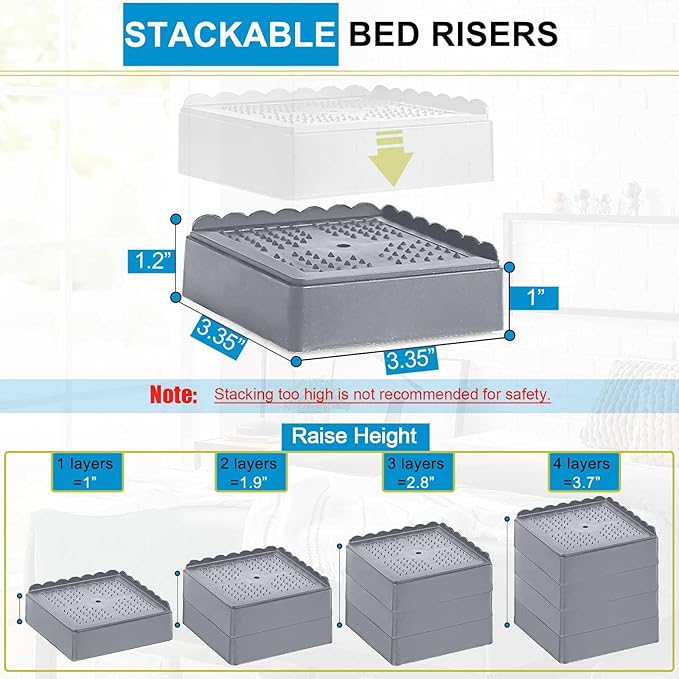 Bed Risers 1 inch, 2 inch, 3 inch, 4 inch Heavy Duty, Adjustable Furniture Riser for Table Desk Couch Sofa Chair Recliner Leg Frame Dorm, Stackable Bed Raisers Blocks (Grey 6 Pack, 1 inch)