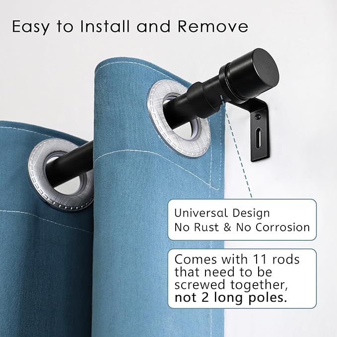 Curtain Rods for Windows 16 to 170 Inches Adjustable Length 1 Inch Diameter Window Curtain Rod with Aluminium Finials, Black