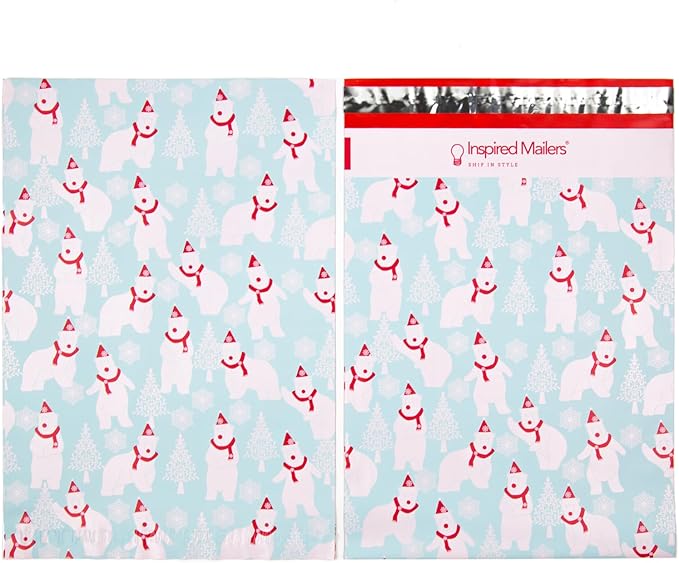 Inspired Mailers - Poly Mailers 10x13-100 Pack - Polar Bears (Blue) - Holiday Poly Mailers - 10x13 Shipping Envelopes - Christmas Packaging Bags