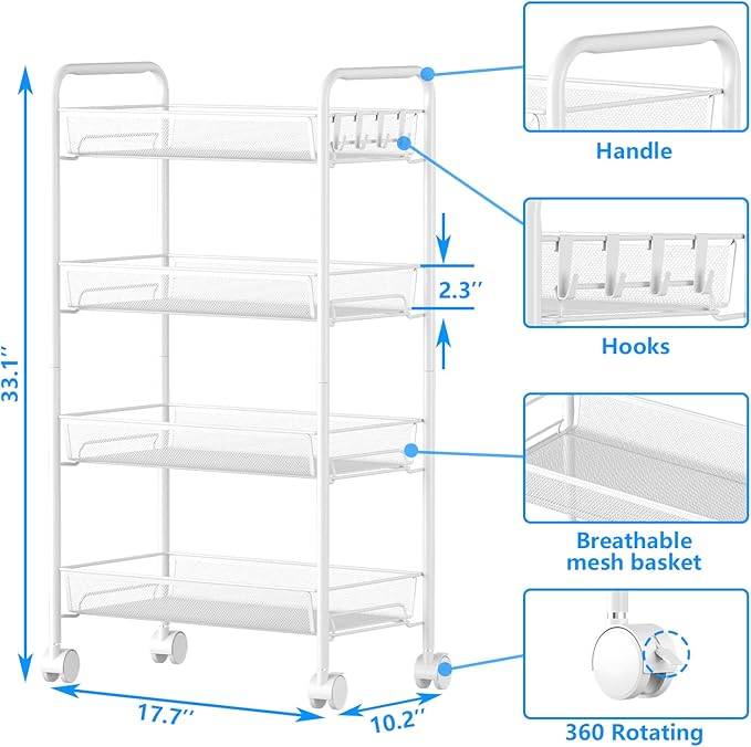 OVICAR 4 Tier Mesh Wire Rolling Cart, Kitchen Storage Organizer Utility Cart, Full Metal Basket Storage Art Trolley Carts with Wheels & 4 Side Hooks